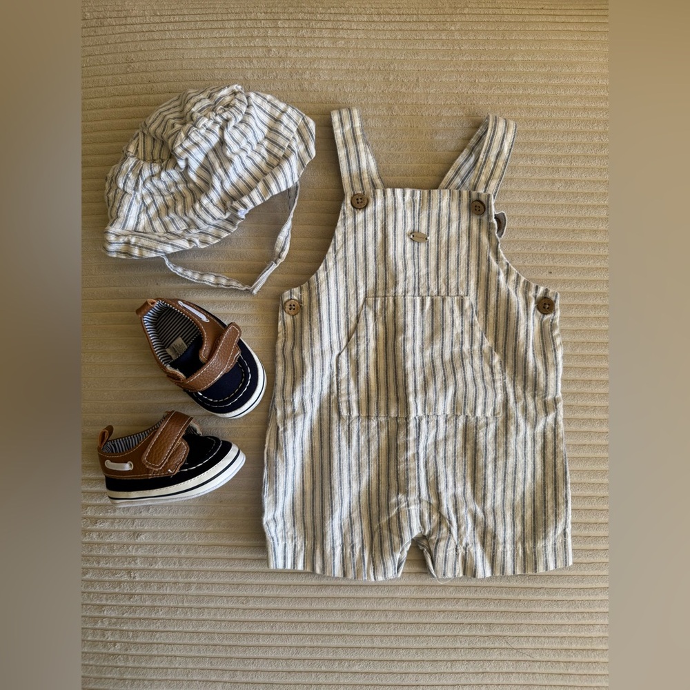 Mayoral | Striped Linen Short Overalls & Hat Set